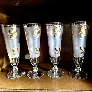 Vintage Libbey Golden Foliage
Pilsner Gold Rim Footed Set of 4
Glasses MCM